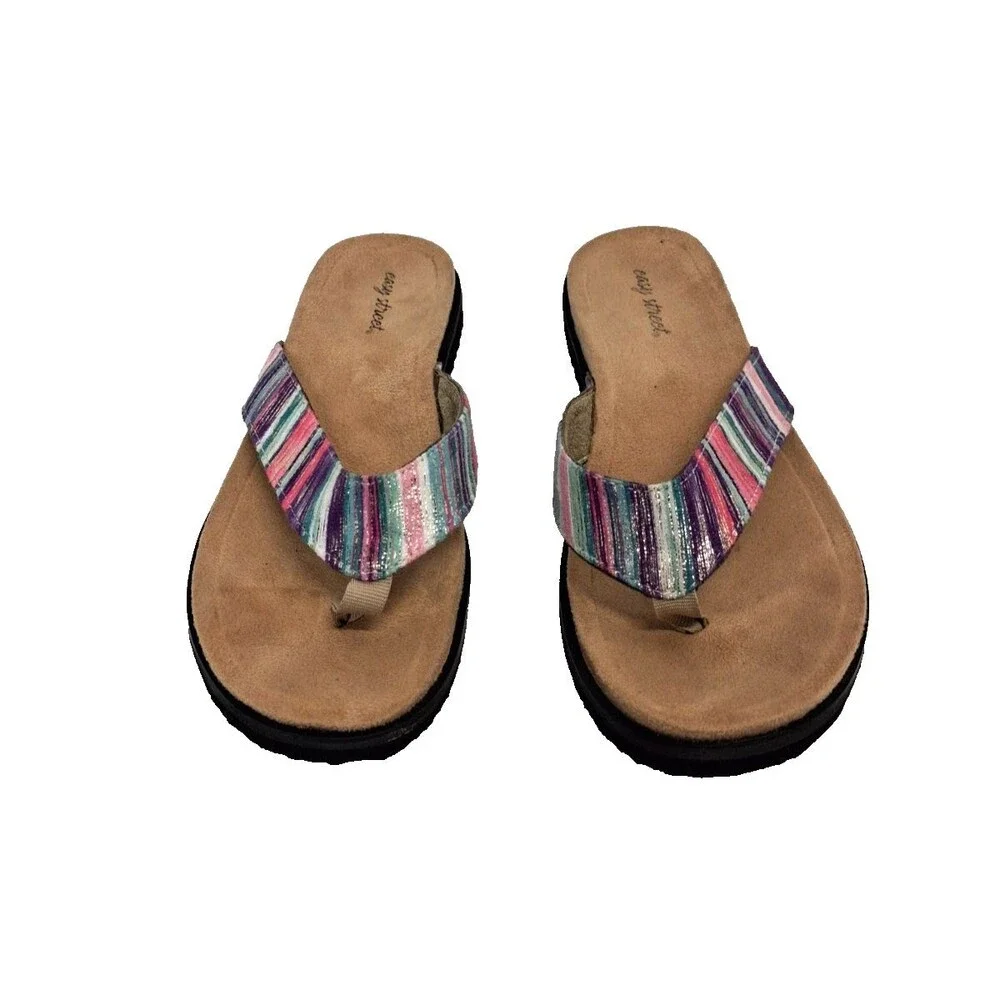 Easy Street Women's Stevie Comfort Multi-Color Metallic Stripes Flip Flops 7.5 W